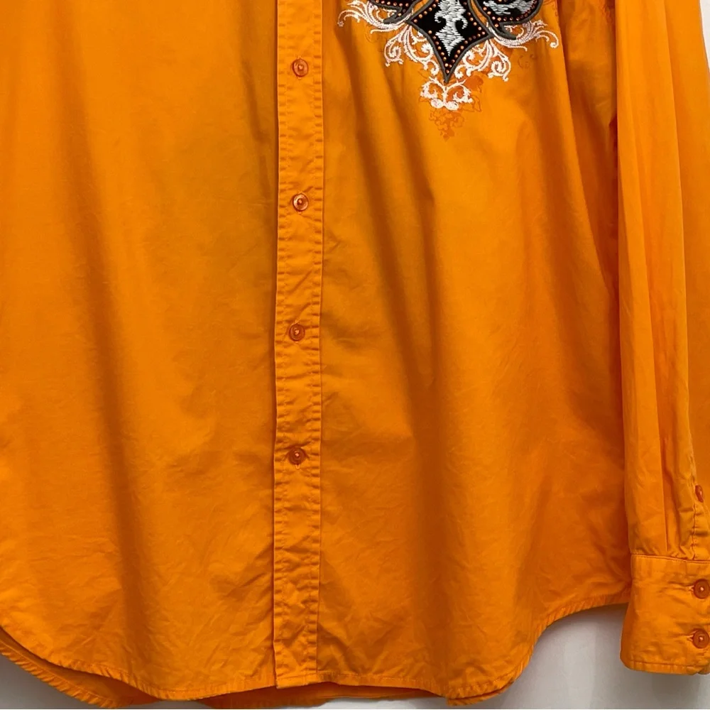 Victorious Mens Button Front Shirt Embroidered XL Fleur de Lis Orange Cotton - Picture 4 of 9